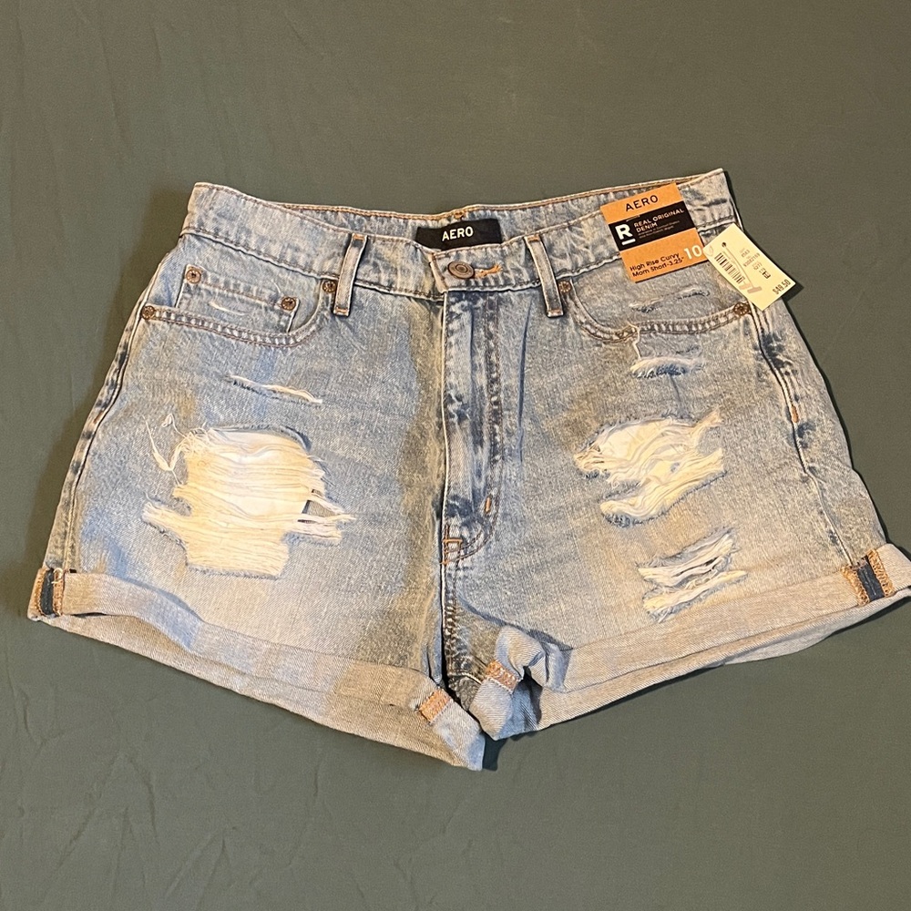 Aeropostale High Rise Light Blue Ripped Jean Curvy Mom Shorts